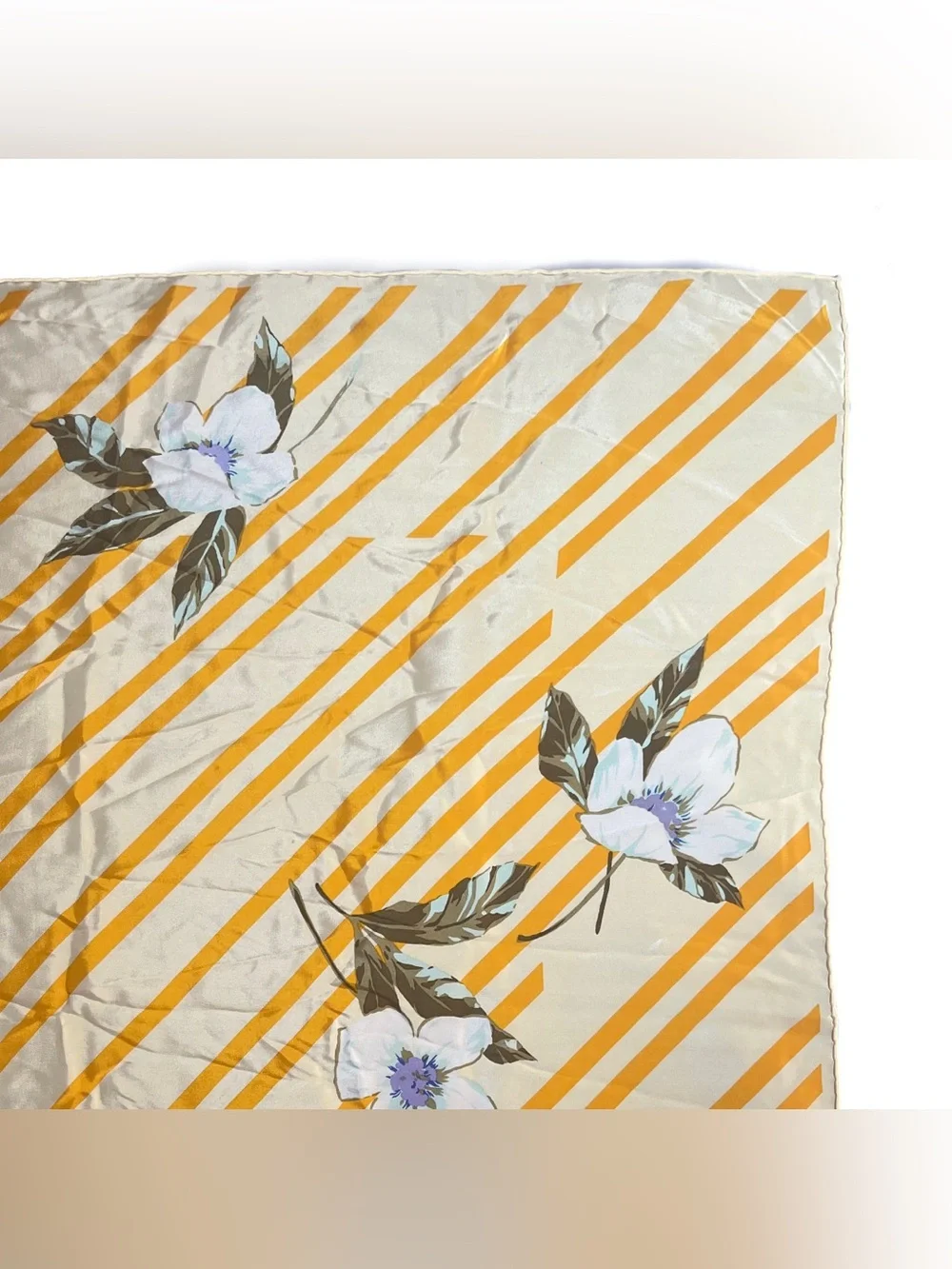 Vintage Christian Dior Silk Scarf 70s Floral Stripe Gold Hand Rolled 27 Inch